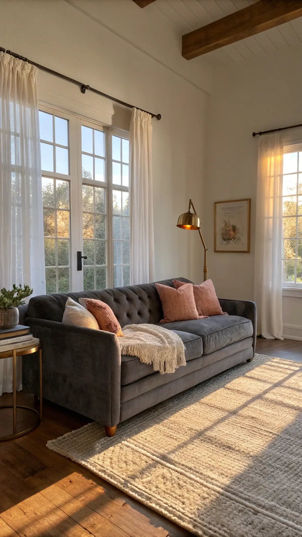 A cozy 20x24' living room with a charcoal gray velvet sofa, sunlight through large windows, sheer curtains, brass floor lamp, cream jute rug, ivory throw, and blush velvet pillows.