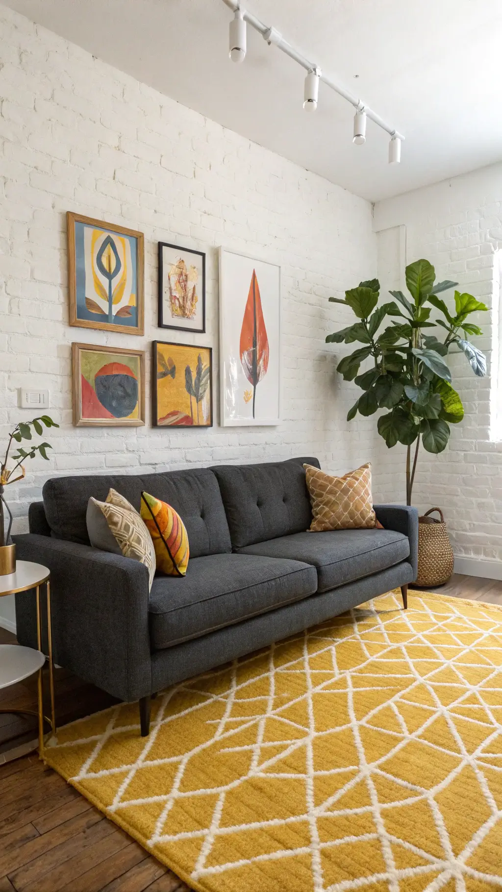 A bright and airy 16x20 sitting room at mid-morning featuring a dark gray tweed sofa, vintage brass accents, and bold contemporary art in primary colors. A fiddle leaf fig stands against a white brick wall, while a natural sisal rug is layered under a mustard yellow geometric pattern rug. The room is captured in a wide-angle view with bright, clean lighting and subtle shadows.
