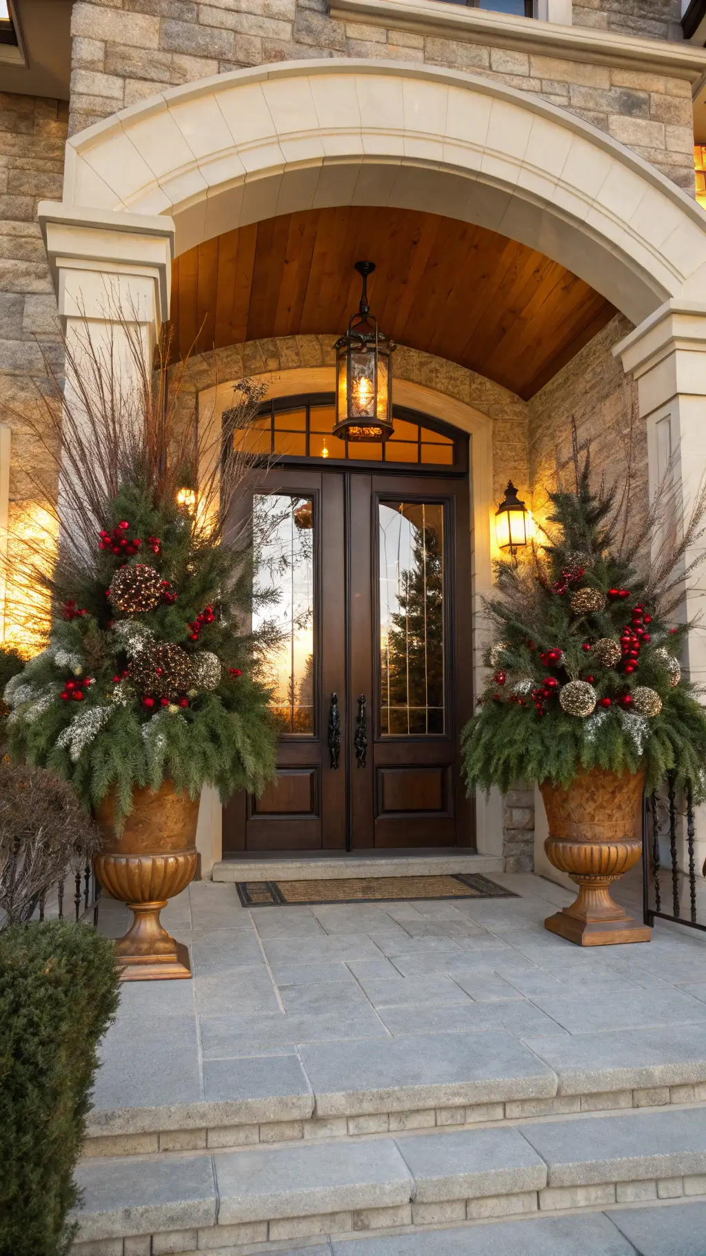 Low-angle photo of a grand entryway at golden hour, showing luxurious 24-inch winter porch pots beside a dark wood door. Copper containers hold spruce tops, surrounded by fraser fir, cedar, white pine, pinecones, and burgundy winterberries. Warm light and frost-dusted tips add to the holiday decor, enhanced by red velvet ribbons and LED lights. Natural stone steps and black iron hardware complete the scene.