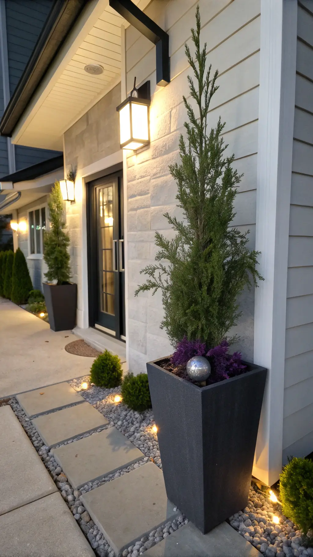Front porch vignette at dusk, featuring a charcoal planter with silver dogwood branches and Port Orford cedar. Juniper casts geometric shadows on concrete, with purple and silver ornaments reflecting evening light. Ambient sconce lighting highlights clean lines and contemporary aesthetic.