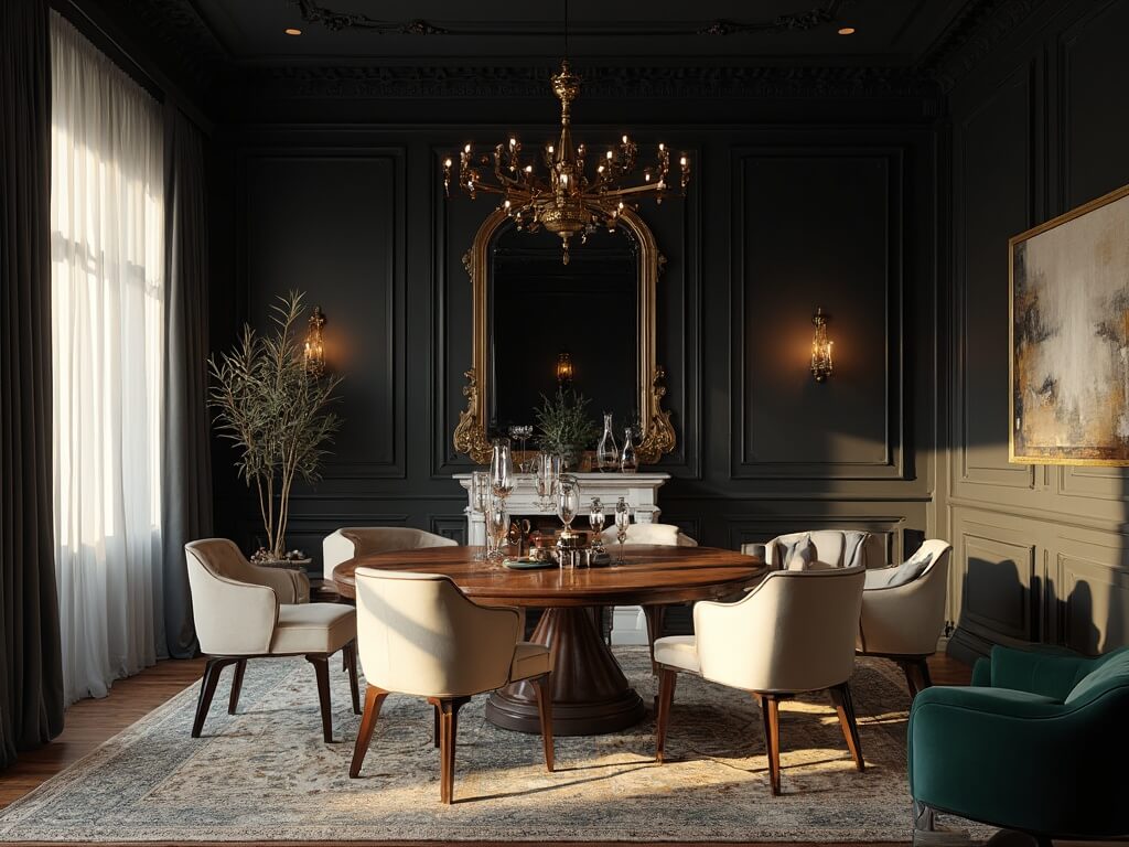 A hyperrealistic photo of a dramatic and opulent black dining room with moody lighting; features a black-painted interior with golden hour sunlight, an oval walnut dining table, cream bouclé chairs, a brass Sputnik chandelier, vintage brass wall sconces, and a large antique mirror. The space includes an emerald velvet chair, marble fireplace, large abstract art, fiddle leaf fig, Persian rug, and crystal decanters, all under a white coffered ceiling.