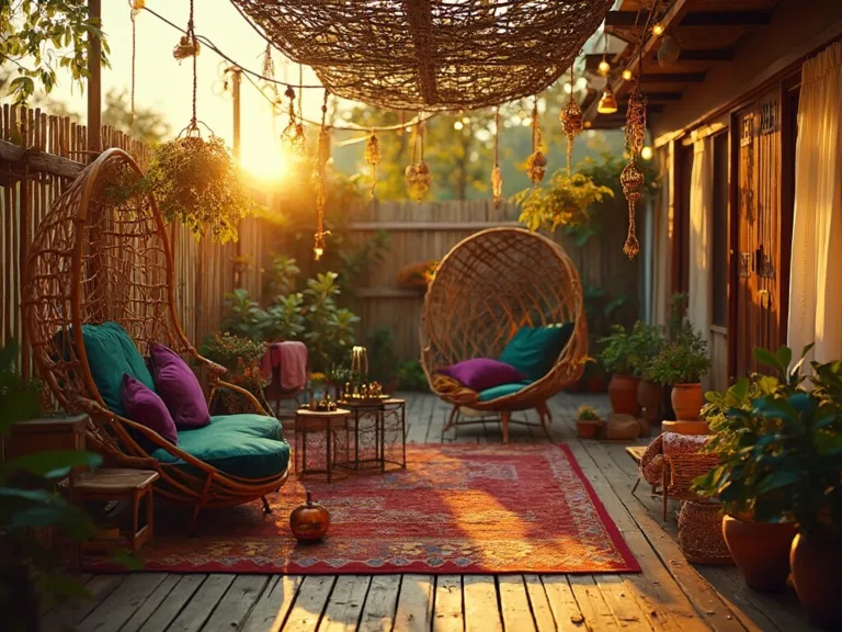 Alt text: "A luxurious boho patio at sunset featuring a rattan peacock chair with jewel-toned cushions, Moroccan lanterns, string lights, vintage kilim rugs, macramé plant hangers, a handwoven hammock, ceramic vessels, and bamboo privacy screens."