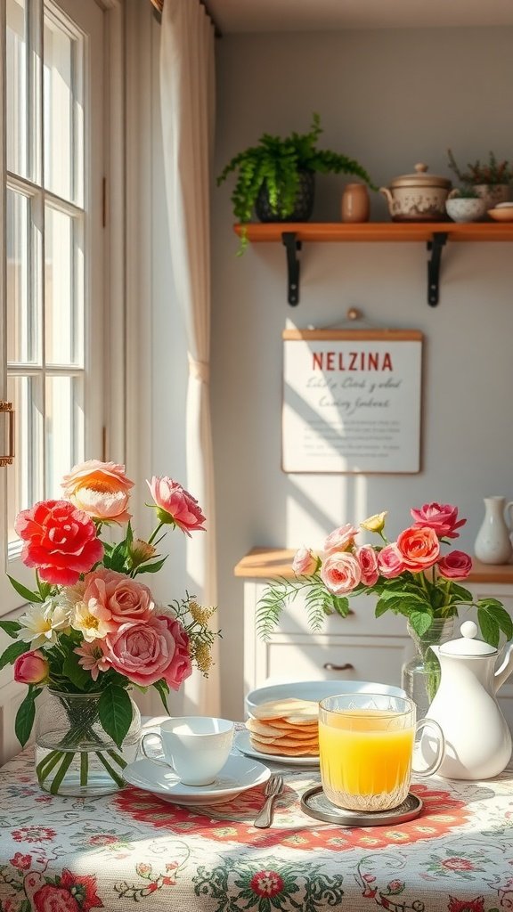 A cozy spring morning scene with flowers, pancakes, and juice on a table.