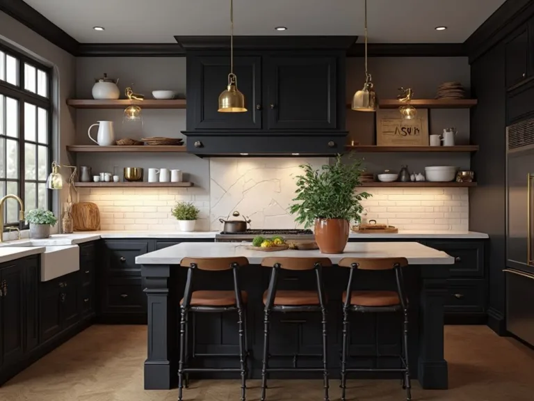 Photorealistic interior of a luxury farmhouse kitchen at twilight, featuring matte black shaker cabinets, brass hardware, white quartz countertops, and a walnut island with leather barstools. Warm under-cabinet lighting, vintage-style pendant lights, and industrial sconces enhance the ambiance. Large French windows, open shelving with white pottery, and rustic accents like woven baskets and copper pots complete the cozy scene.