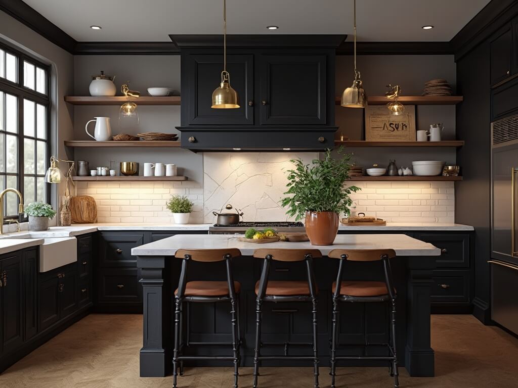 Photorealistic interior of a luxury farmhouse kitchen at twilight, featuring matte black shaker cabinets, brass hardware, white quartz countertops, and a walnut island with leather barstools. Warm under-cabinet lighting, vintage-style pendant lights, and industrial sconces enhance the ambiance. Large French windows, open shelving with white pottery, and rustic accents like woven baskets and copper pots complete the cozy scene.