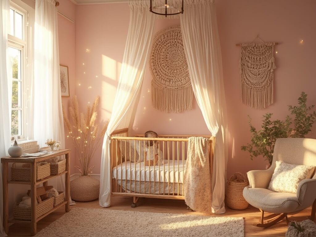 A bohemian nursery during golden hour with a rattan crib, blush pink wall, cream canopy, macramé wall hanging, jute rug, wood changing table with woven baskets, pampas grass, boucle rocking chair with pillows, and fairy lights, with warm sunset light through gauzy curtains.