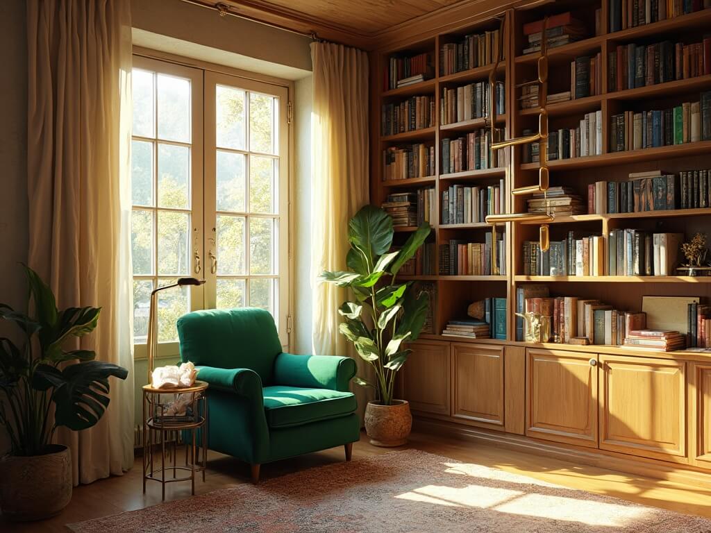 A cozy home library with towering white oak bookshelves, an emerald green velvet chair, and a brass ladder, bathed in golden sun rays through a tall window, complemented by a fiddle leaf fig, Persian rug, and warm lighting.