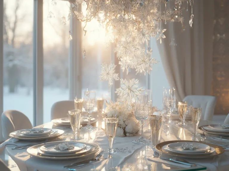 A luxurious dining room featuring a crystal glass table with a platinum trim, adorned with a centerpiece of suspended crystal snowflakes. Elegant place settings with white bone china, crystal stemware, and silver cutlery are on a white silk runner with mirror snowflakes. Warm golden hour lighting complements the winter white, silver, and platinum color palette, with soft focus on the subtle metallic wallpaper and a crystal chandelier above.