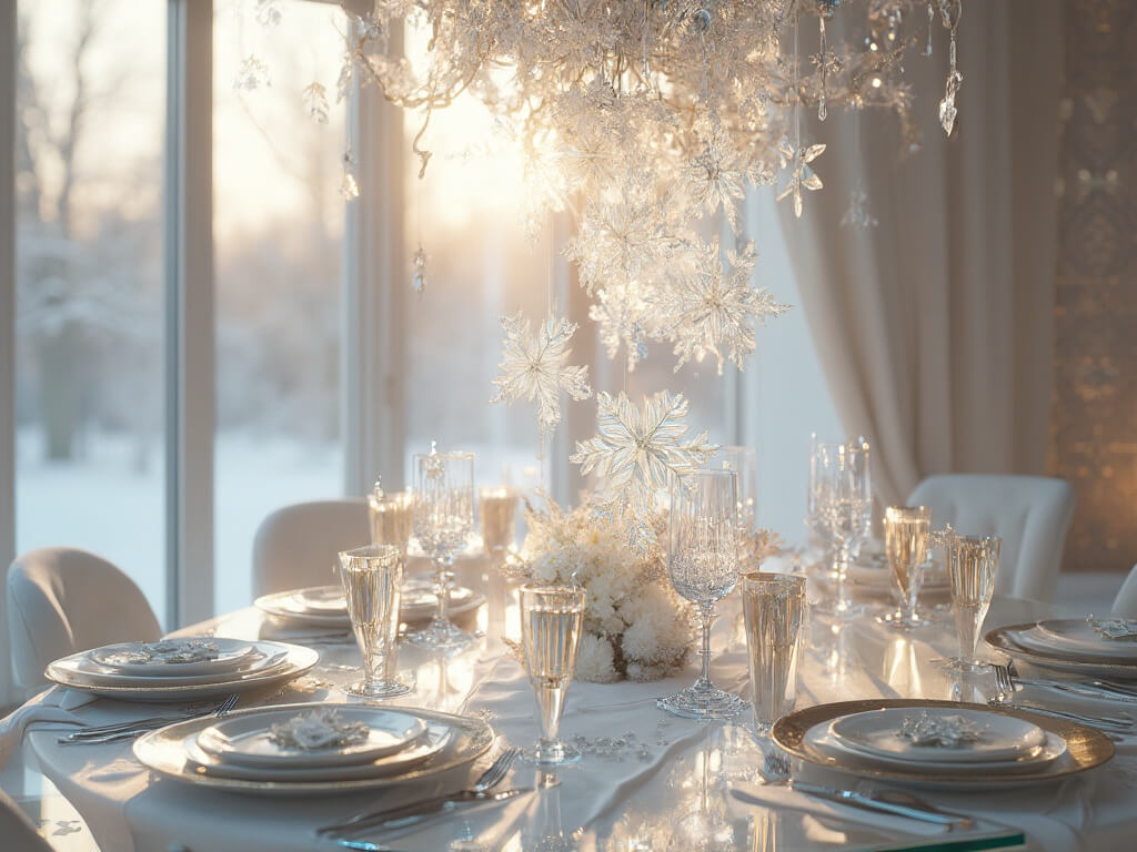 A luxurious dining room featuring a crystal glass table with a platinum trim, adorned with a centerpiece of suspended crystal snowflakes. Elegant place settings with white bone china, crystal stemware, and silver cutlery are on a white silk runner with mirror snowflakes. Warm golden hour lighting complements the winter white, silver, and platinum color palette, with soft focus on the subtle metallic wallpaper and a crystal chandelier above.