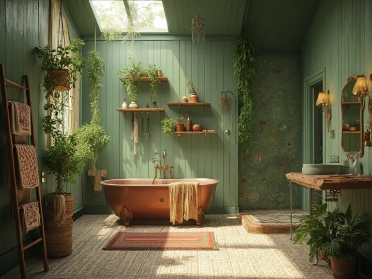 Overhead view of a luxury boho bathroom featuring a vintage copper freestanding tub, sage and forest green walls, abundant hanging plants, reclaimed teak mat, geometric tiles, and warm copper accents.
