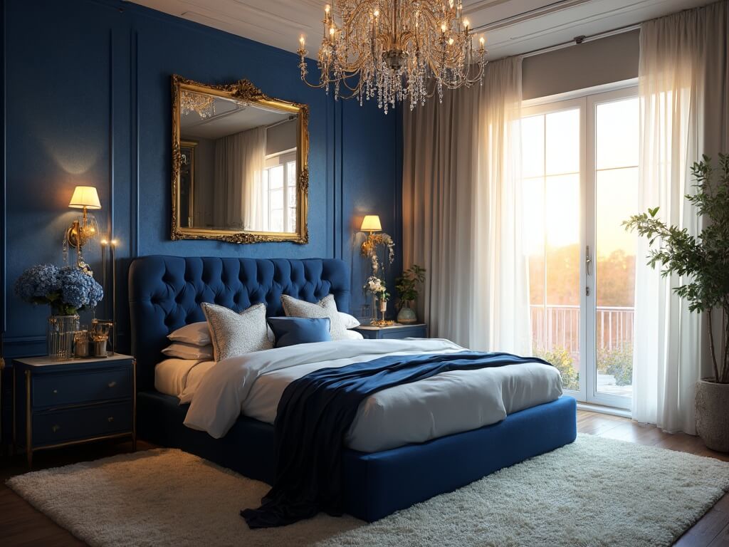 Luxurious master bedroom with Prussian blue walls, a navy velvet tufted headboard, and golden hour light through large windows, featuring vintage chandelier, brass sconces, and decor of blue hydrangeas and a gilded mirror.