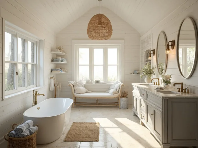 A luxurious coastal bathroom interior featuring a freestanding oval soaking tub, driftwood gray double vanity with brass fixtures, vaulted beadboard ceiling, and herringbone marble floor tiles. Golden hour sunlight streams through frosted windows onto white shiplap walls. Decor includes a rattan pendant light, seagrass baskets with sea glass blue Turkish towels, floating shelves with white coral and seashells, a jute runner, arched brass mirrors, and a wave-patterned tile accent wall. LED sconces provide warm light, enhancing moody shadows and high-end coastal decor.