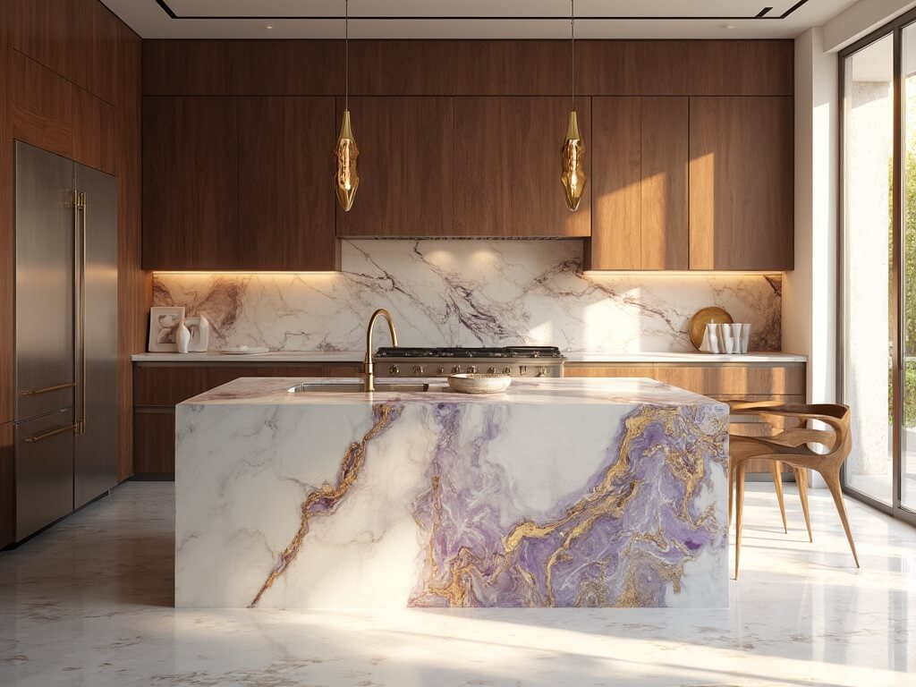 A luxurious kitchen with Calacatta Viola marble waterfall island featuring purple-gold veining, rich walnut cabinetry, brushed gold hardware, and stainless steel appliances; early morning sunlight streams through floor-to-ceiling windows highlighting the elegant details and creating a warm, golden hour glow throughout the space.