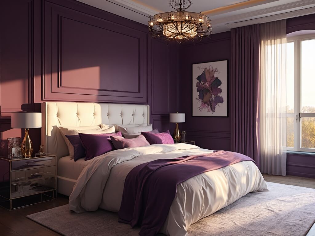 Photorealistic image of a contemporary luxury bedroom with a deep aubergine accent wall and golden hour lighting. Features a California king bed with an ivory tufted headboard, white sateen sheets, a plum velvet comforter, and metallic purple throw pillows. A crystal and brass chandelier and mercury glass table lamps on mirrored nightstands add elegance. Modern geometric artwork and brass accents complement the moody atmosphere, captured in ultra HD with a focus on textures and rich purple tones. home bedroom refresh purple