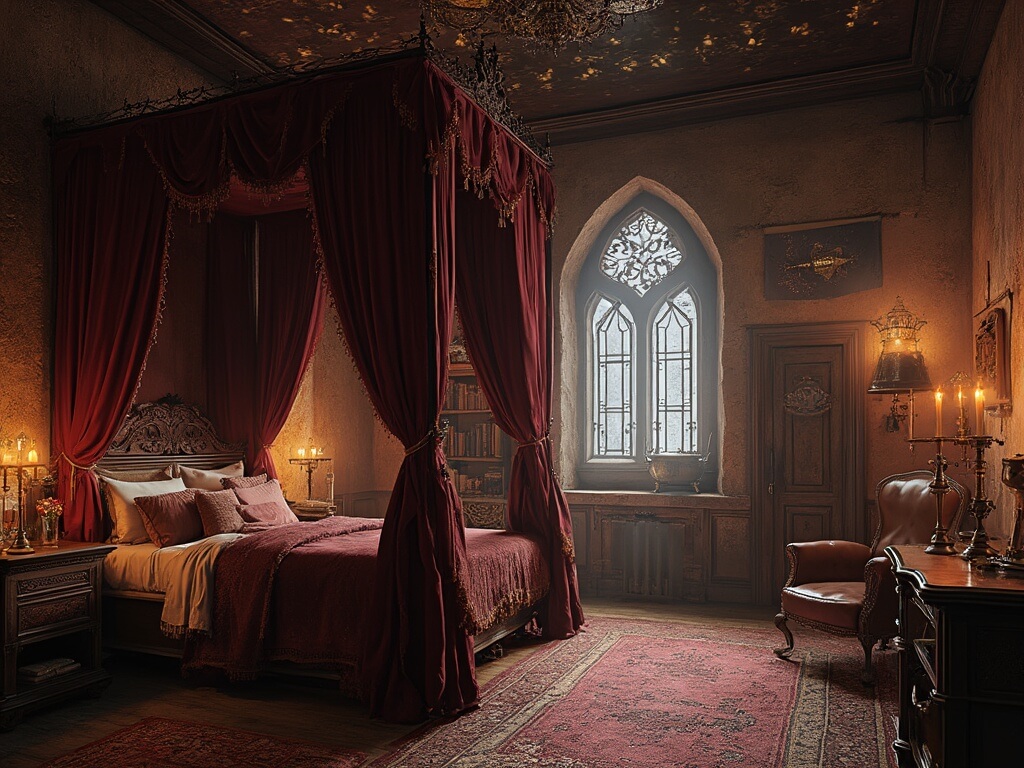 Luxurious medieval-inspired bedroom with a four-poster bed, velvet curtains, and floating LED candles, featuring gothic windows, astronomical instruments, spell books, potion corner, house banners, leather reading chair, and a Snitch lamp, in a magical, cinematic atmosphere.