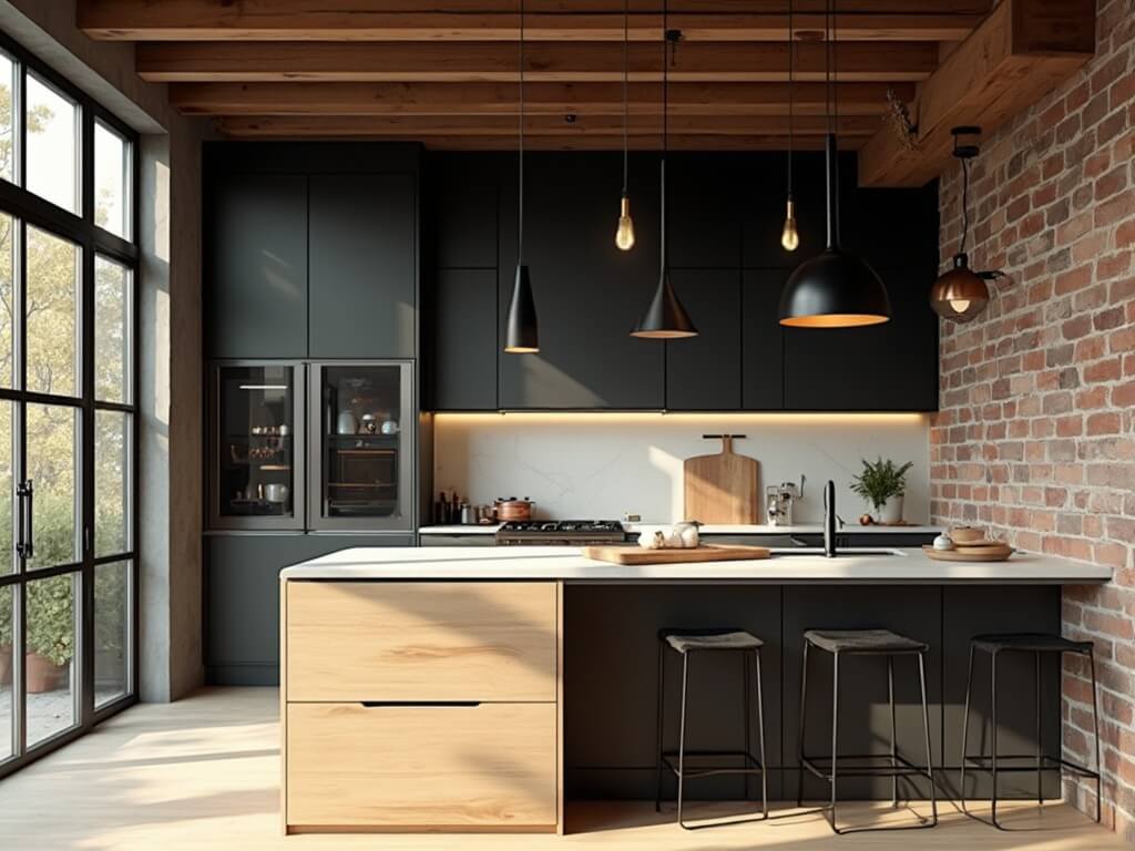 A spacious modern kitchen with matte black cabinets, a light maple wood island, floor-to-ceiling windows, and golden hour lighting; featuring white quartz countertops, exposed brick accent wall, wooden beam ceiling, and industrial black faucet.