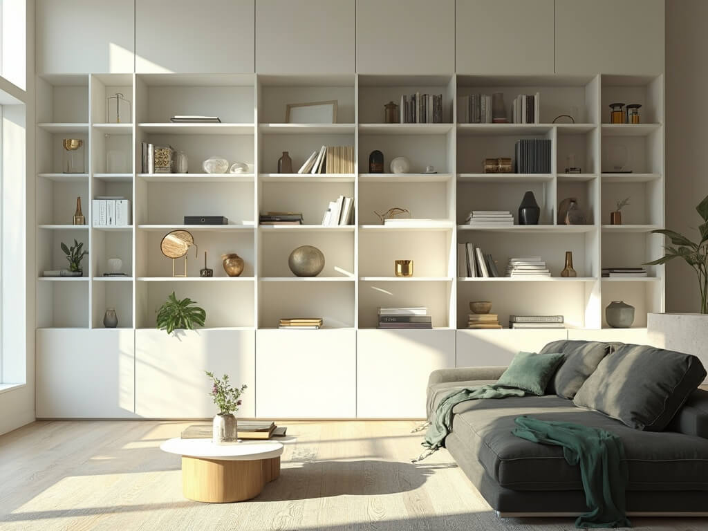 Modern living room with a sunlit floor-to-ceiling white bookcase, color-coordinated books, brass objects, ceramics, charcoal linen sectional, and white oak flooring; photographed in warm morning light.