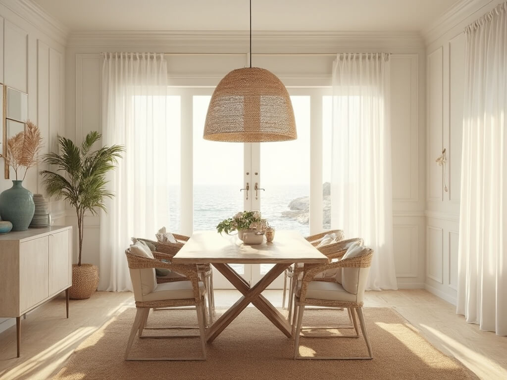 Photorealistic coastal dining room with golden hour light, featuring a whitewashed oak table, cream and rattan chairs, sheer drapes, natural fiber rug, and minimalist decor in soft ocean blue accents, captured with cinematic lighting.