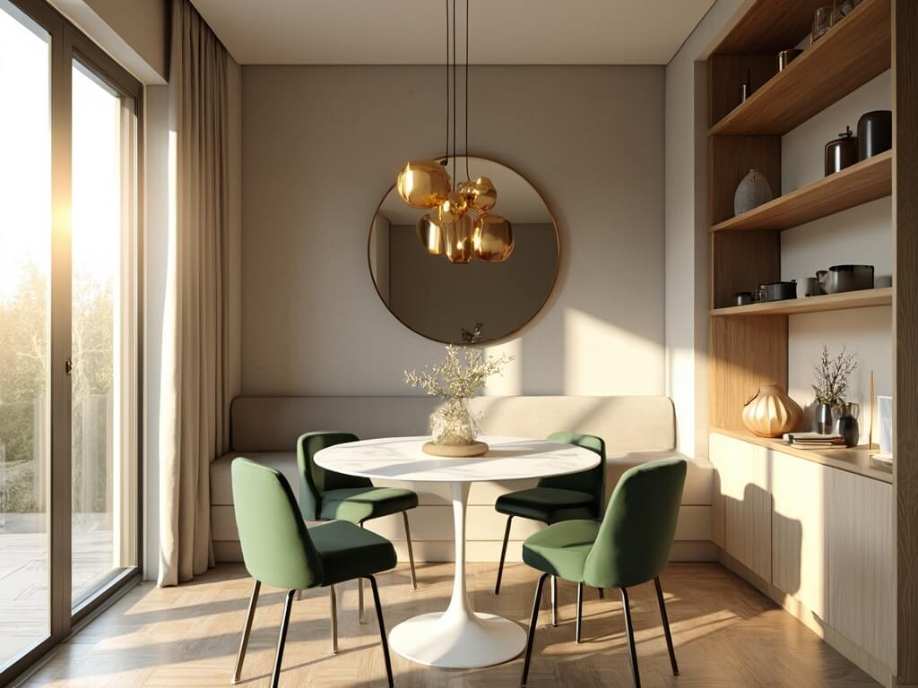A modern compact dining space with a white marble tulip table, sage green velvet chairs, and a brass sputnik pendant light, illuminated by golden hour sunlight through large windows.
