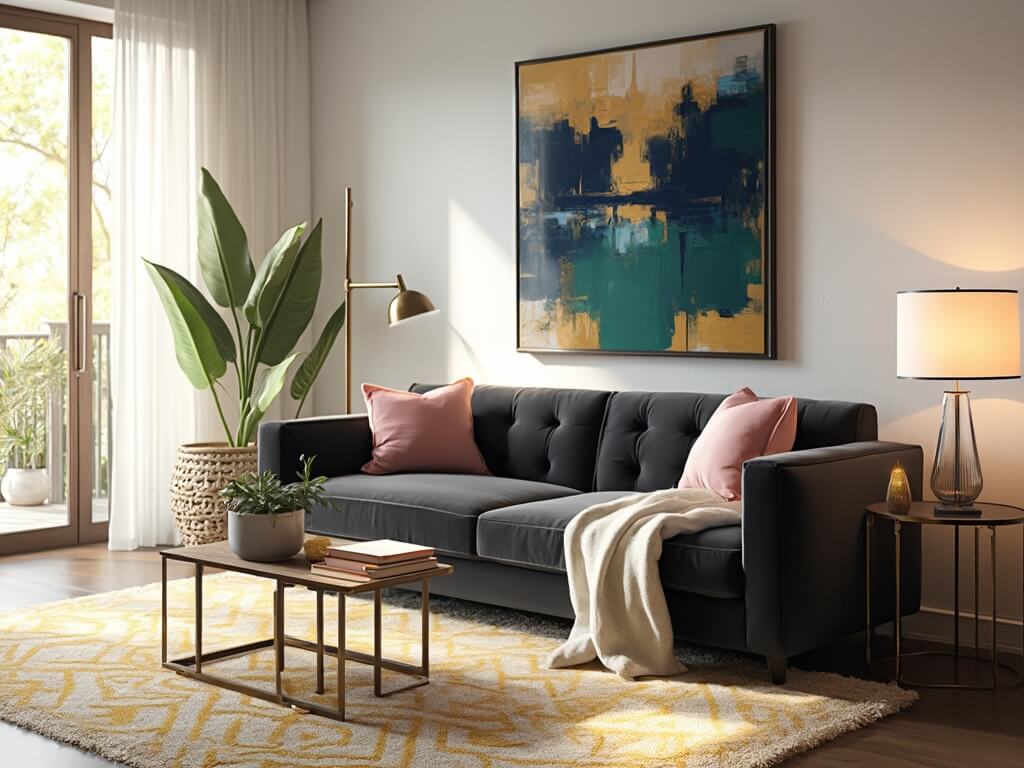 Wide-angle view of a modern living room with a dark gray velvet tufted sofa, sunlit through large windows, featuring blush and ivory decor, brass elements, abstract art, and a fiddle leaf fig plant.