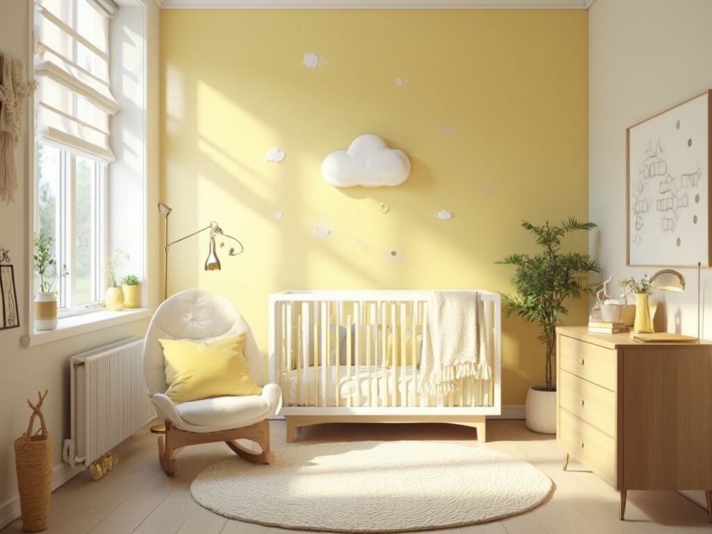 A sunlit modern nursery featuring butter yellow walls and white trim, with a white crib and geometric bedding at the center. Floor-to-ceiling windows cast geometric shadows. The room includes an oak dresser, ivory rocking chair with yellow pillows, cloud decals, a honeycomb-pattern rug, and a minimalist mobile. Styled bookshelves, a vintage brass lamp, and macramé wall hanging complete the design.