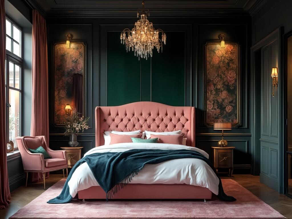 A luxurious master bedroom with a moody romantic ambiance, featuring deep navy walls, a blush pink tufted velvet headboard, and warm golden hour lighting through charcoal drapes. The room includes elegant details like a crystal chandelier, vintage brass-framed mirror, and a velvet reading chair with copper accents, all captured in a photorealistic wide-angle shot.