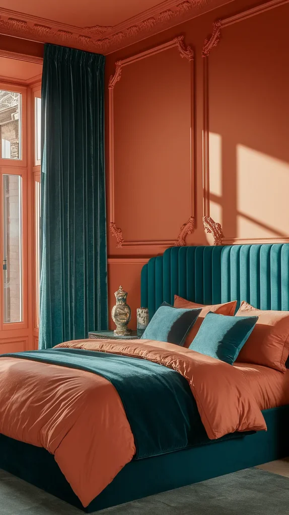 peach and teal bedroom