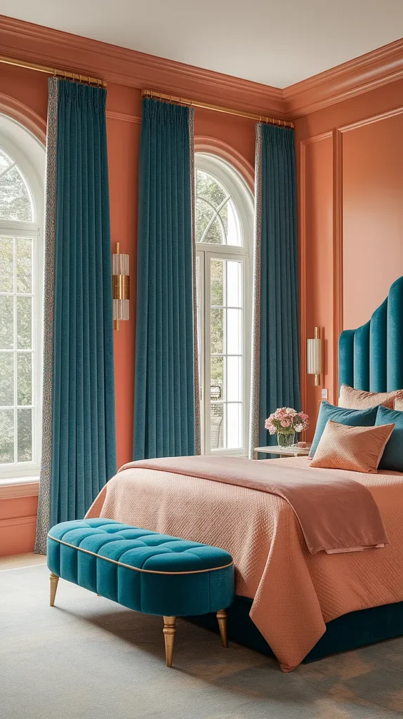 peach and teal bedroom