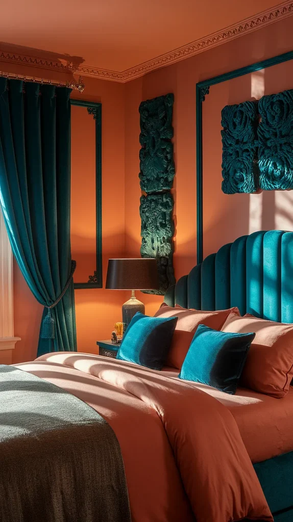 peach and teal bedroom