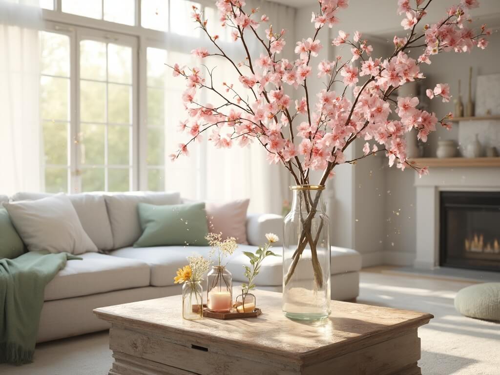 A sunlit modern living room with floor-to-ceiling windows, featuring a light gray sectional sofa, a weathered wood coffee table adorned with wildflowers in mason jars, and dramatic cherry blossom branches in a tall glass vase; accented with soft pink and sage green tones, vintage brass details, and gentle light filtered through white sheer curtains.