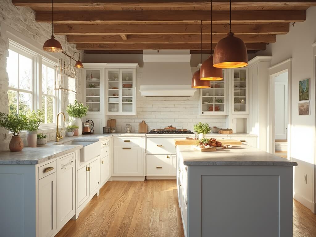 A photorealistic image of a white farmhouse kitchen bathed in golden hour light, featuring shaker cabinets, marble countertops, herringbone tile backsplash, reclaimed oak beams, and a butcher block island with hanging copper pots.