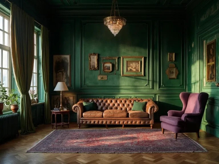 A moody, vintage living room with emerald drapes, a leather Chesterfield sofa, and a purple velvet wingback chair, illuminated by golden hour sunlight and a vintage chandelier.