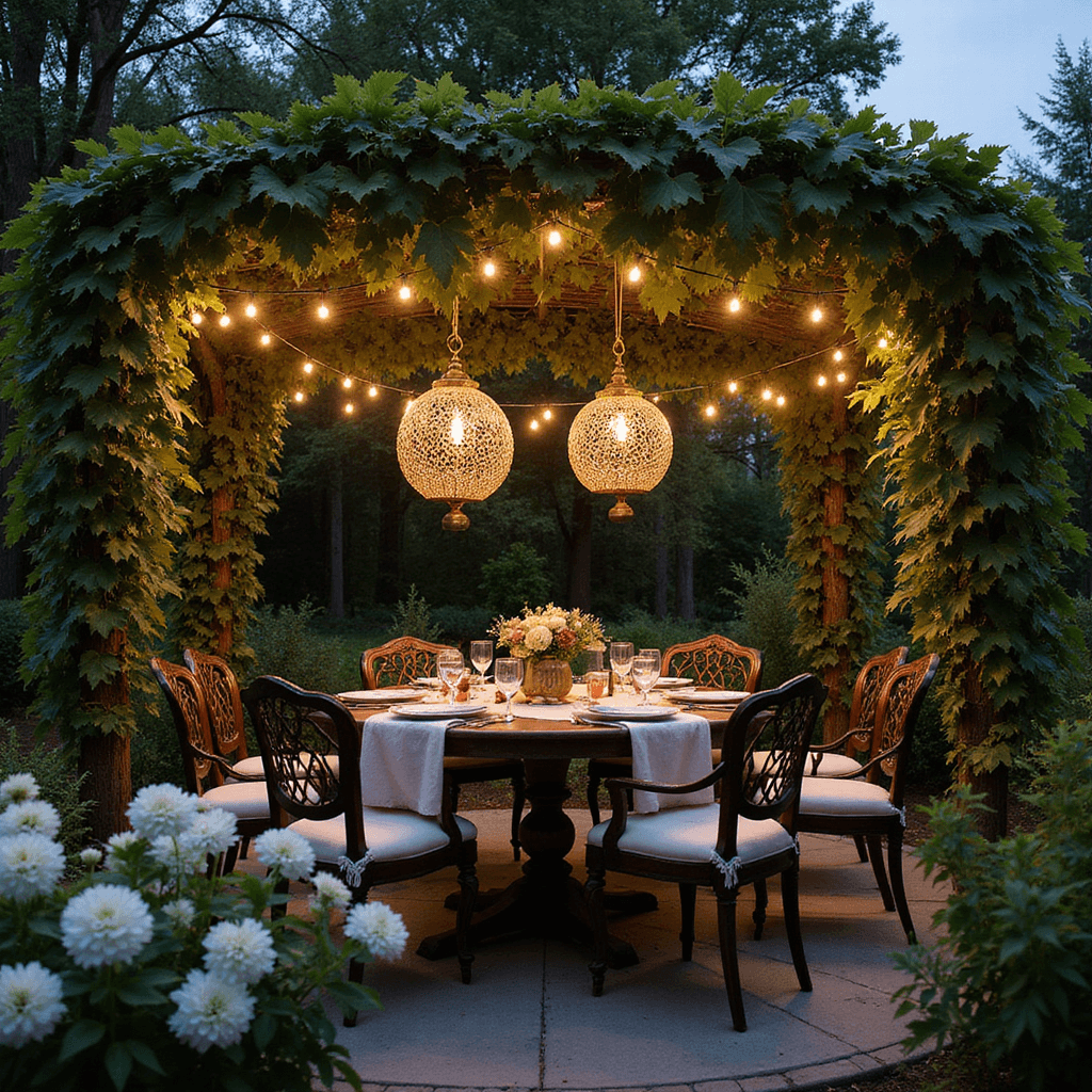 Intimate twilight garden dining nook with vintage iron table set for six, under grape vine-covered arbor, soft lighting from Moroccan lanterns, and surrounded by glowing white flowers.