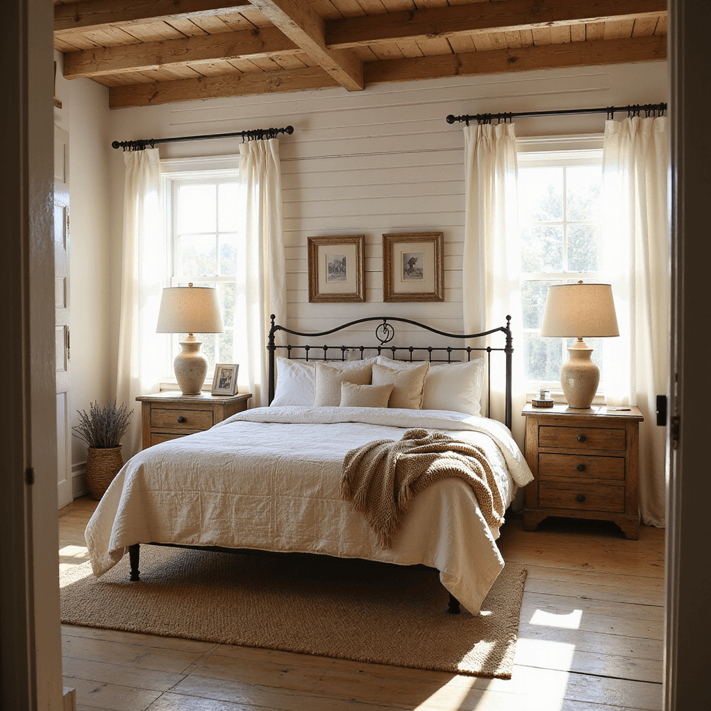 A cozy cottage-style bedroom with whitewashed shiplap walls and exposed wooden beams, featuring a vintage iron bed dressed in layered linens, flanked by oak side tables with ceramic lamps. Dried lavender and picture frames add rustic charm; soft afternoon light filters through sheers, casting shadows on pine flooring and a jute rug.