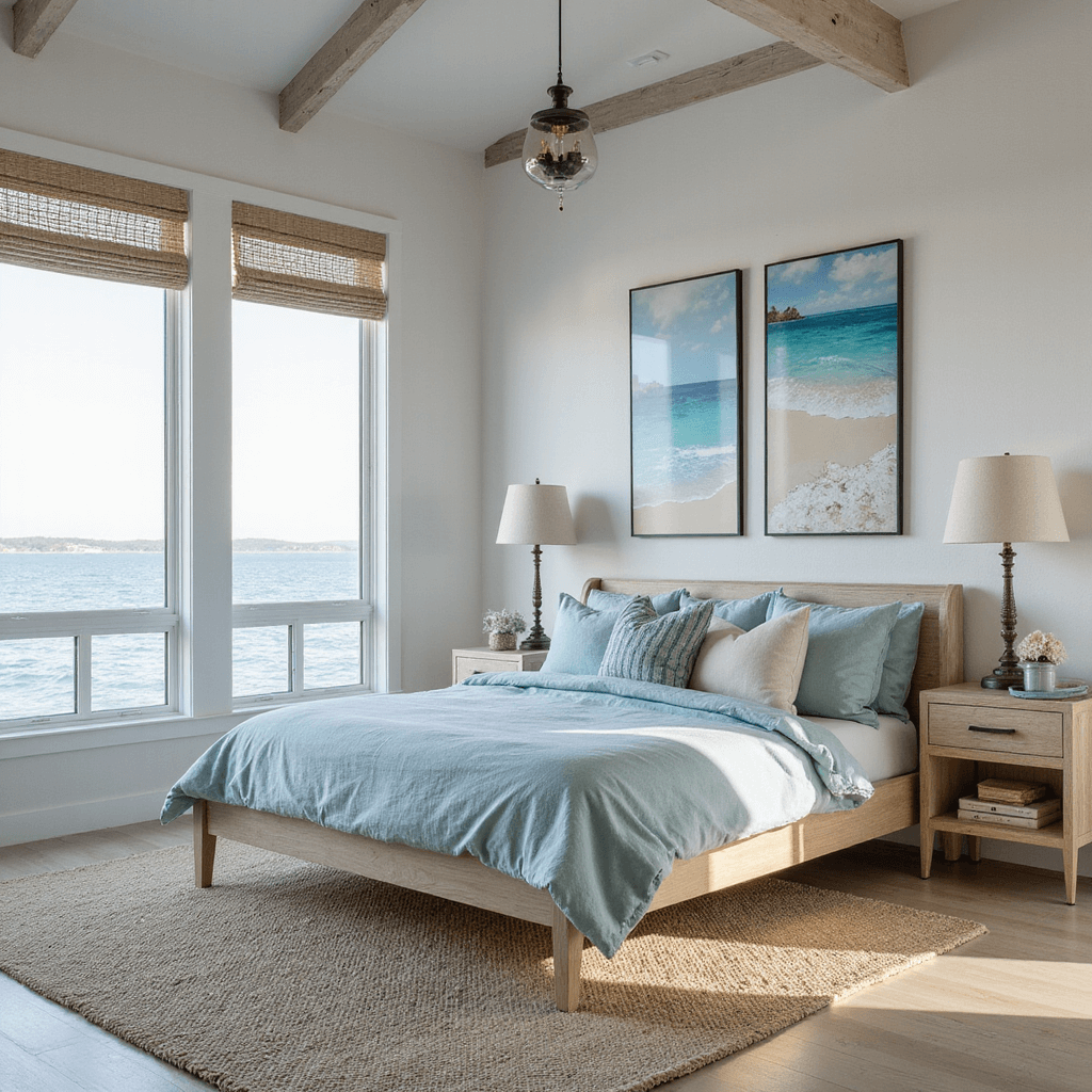 Modern coastal bedroom with large windows, featuring a bleached oak bed in ocean blues and sandy beiges, and whitewashed walls with beach watercolor art.