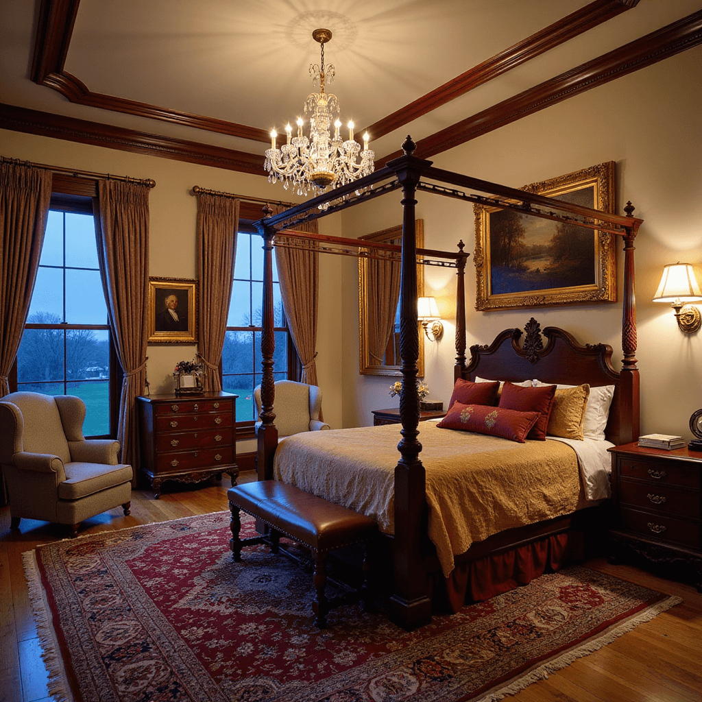 Luxurious traditional bedroom at blue hour, showcasing a grand tray ceiling with crystal chandelier, rich mahogany four-poster bed, damask linens, ornate mirrors, wingback chairs, brocade drapes, jewel-toned Persian rug, and oil paintings.