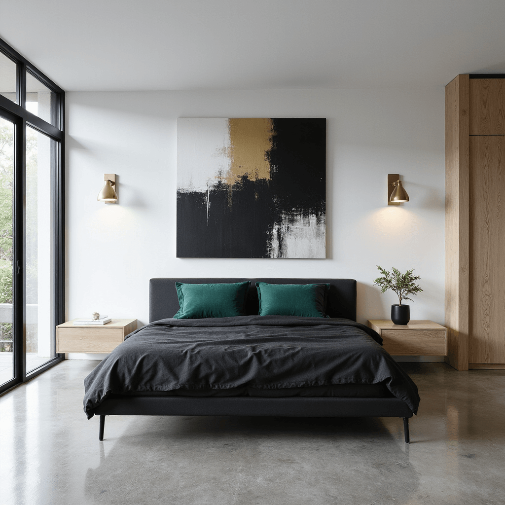 Aerial view of a minimalist bedroom featuring a matte black platform bed with charcoal bedding and emerald green pillows, surrounded by floating bleached oak nightstands. A large abstract black, white, and gold canvas adorns the main wall. The room has polished concrete floors and floor-to-ceiling windows with black frames, with brass wall sconces adding architectural flair.