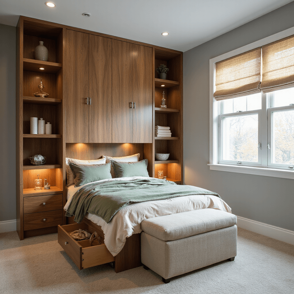 A smartly organized bedroom with built-in storage, featuring a warm walnut platform bed with drawers, floor-to-ceiling wardrobes, floating shelves, and a multifunctional ottoman. The sage green and cream bedding complements the light grey walls, and natural light enhances the room's storage solutions.