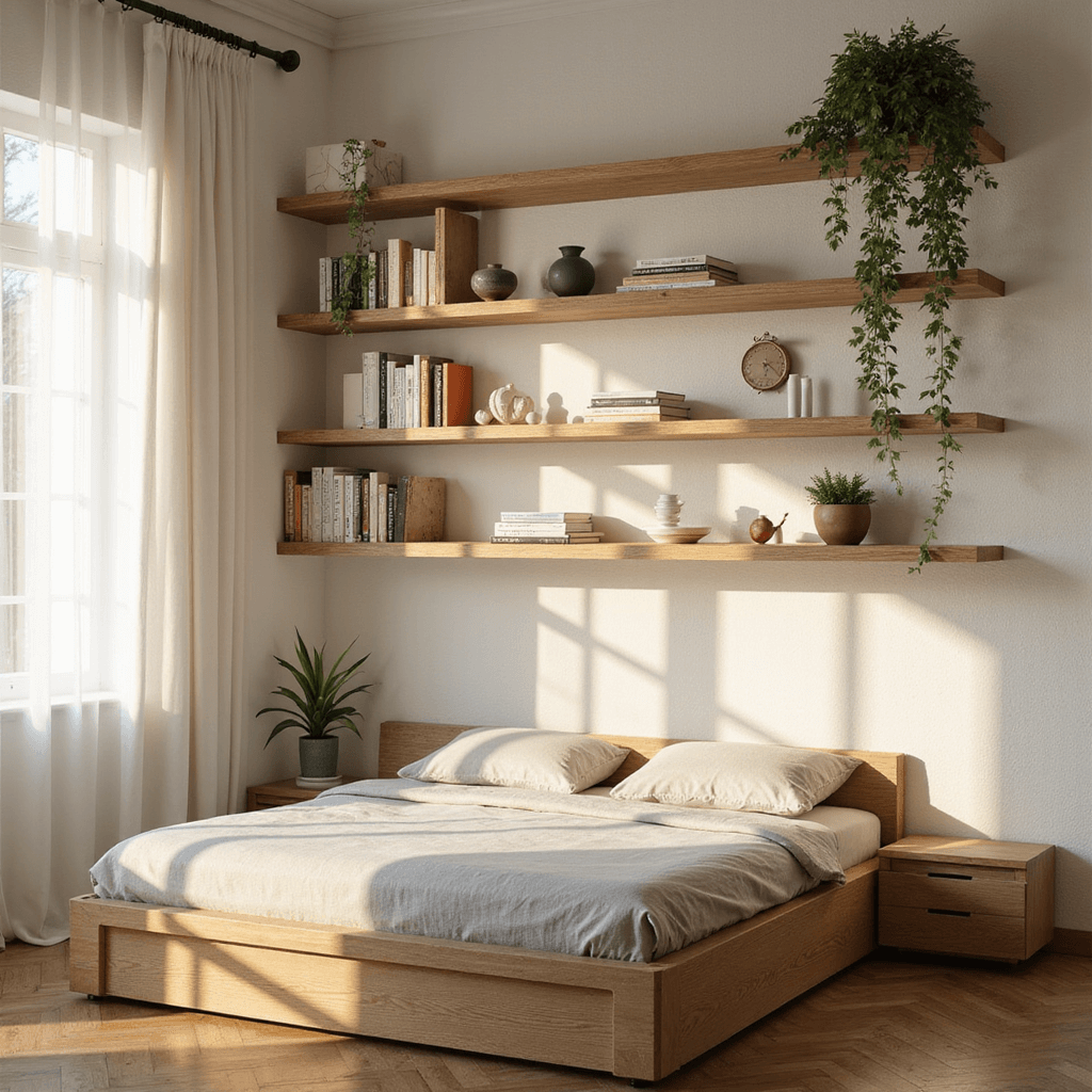 Minimalist bedroom with floor-to-ceiling floating white oak shelves displaying books, ceramics, and plants, bathed in warm sunlight through sheer curtains; a light grey linen platform bed with storage drawer below and textured white walls with dramatic shadows.