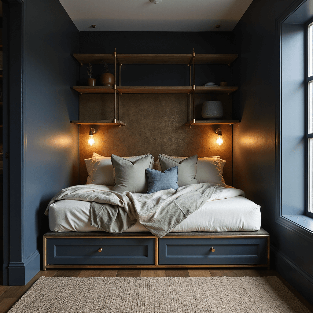 Compact 8x10ft bedroom with a chic daybed nook, featuring brass-framed seating, hidden storage, and a pull-out bed, set against deep navy walls with soft warm LED sconces. Ivory and sage linens contrast with the dark walls, and a brass geometric pegboard with adjustable shelving adds functionality.