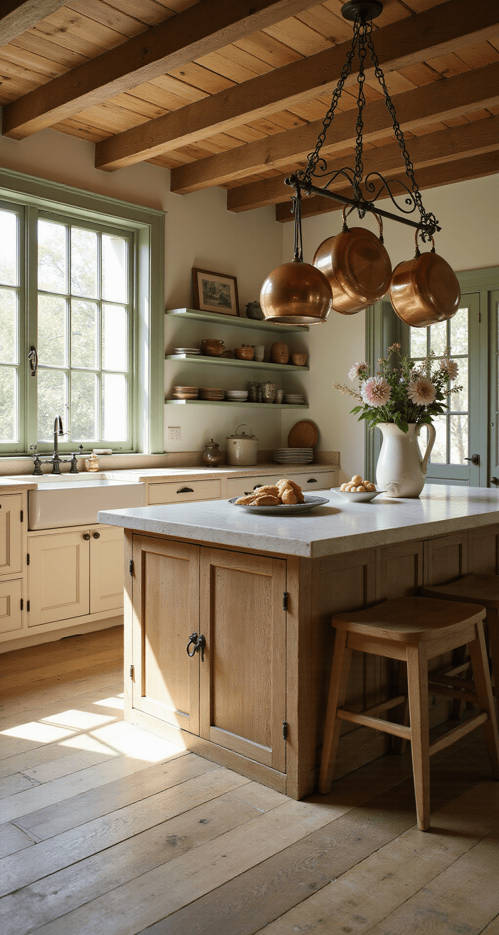 Sunlit French country kitchen with oak floors, cream cabinets, weathered wooden island with limestone top, copper pots, divided-light windows, sage green walls, open shelving, and exposed wooden beams.