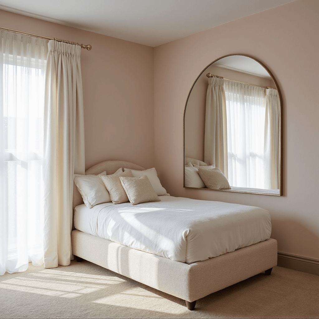 High-angle view of a cozy 9x11ft bedroom with optical illusion techniques; a floor-to-ceiling arched mirror reflects soft morning light, doubling the space. Pale blush walls and ceiling form a seamless backdrop for a cream bouclé bed. White silk drapes softly filter the light.