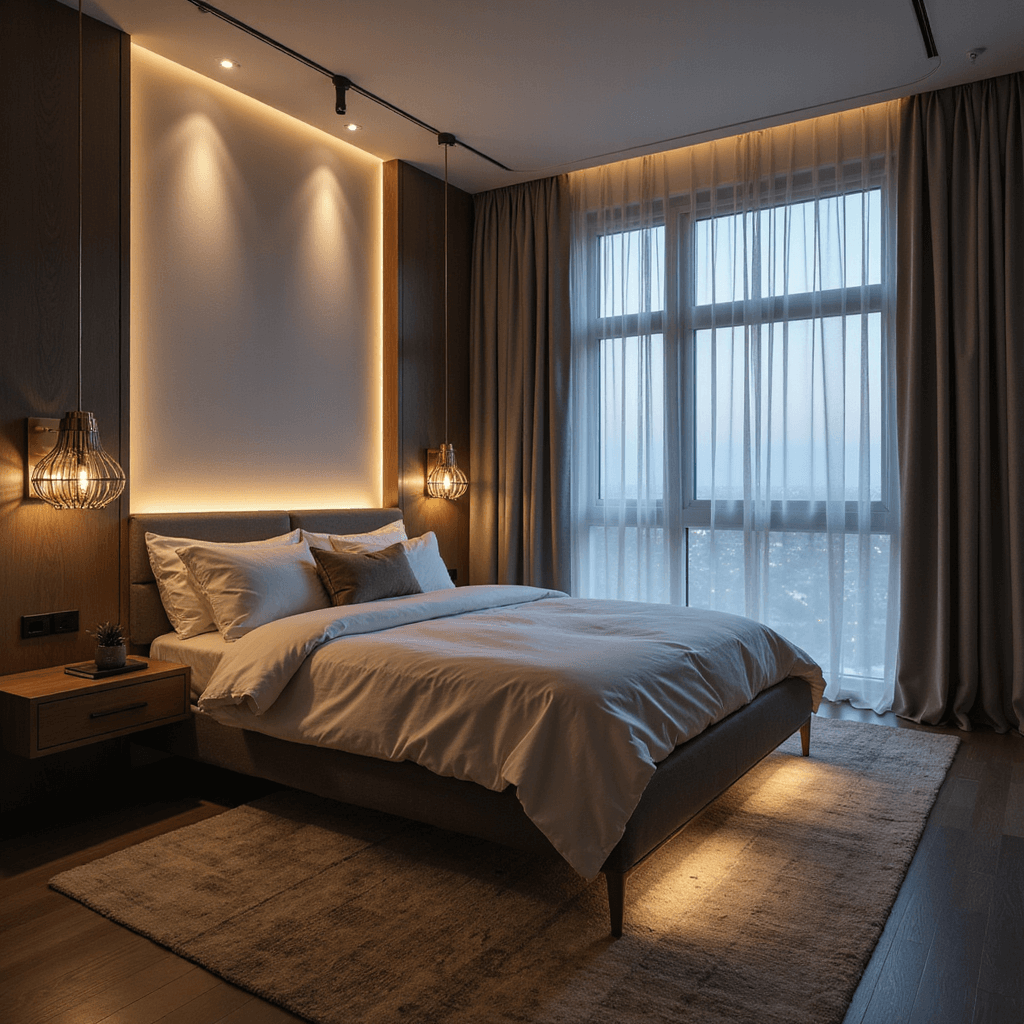 A modern minimalist bedroom with layered lighting, featuring brass wall sconces, a sculptural pendant light, and LED strip lights behind sheer panels; neutral tones of warm greys and creams enhance light reflection, with a floating bedside table offering ambient downlighting.
