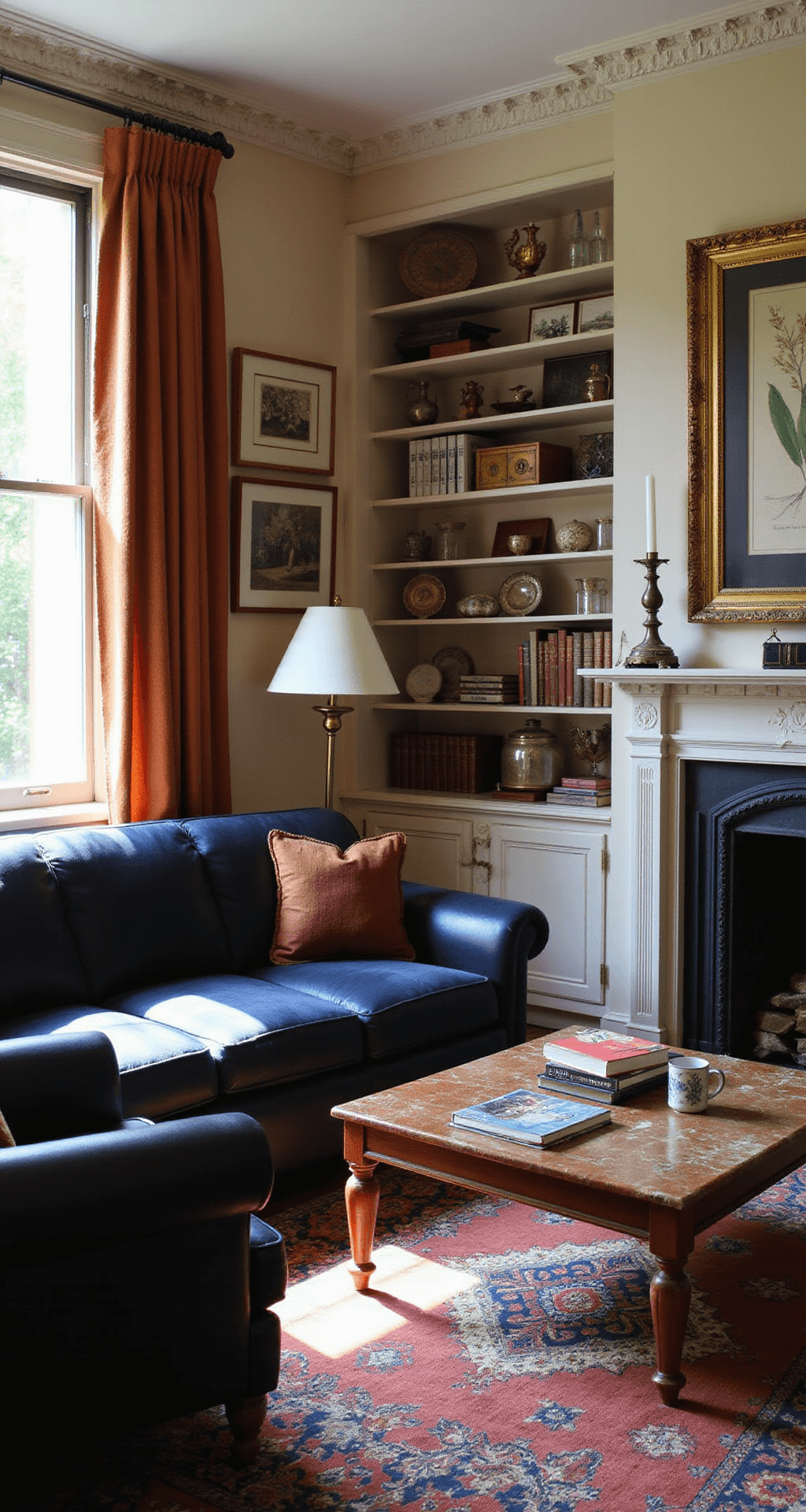 A cozy parlor with elegant architectural details and luxurious furnishings, bathed in morning light.