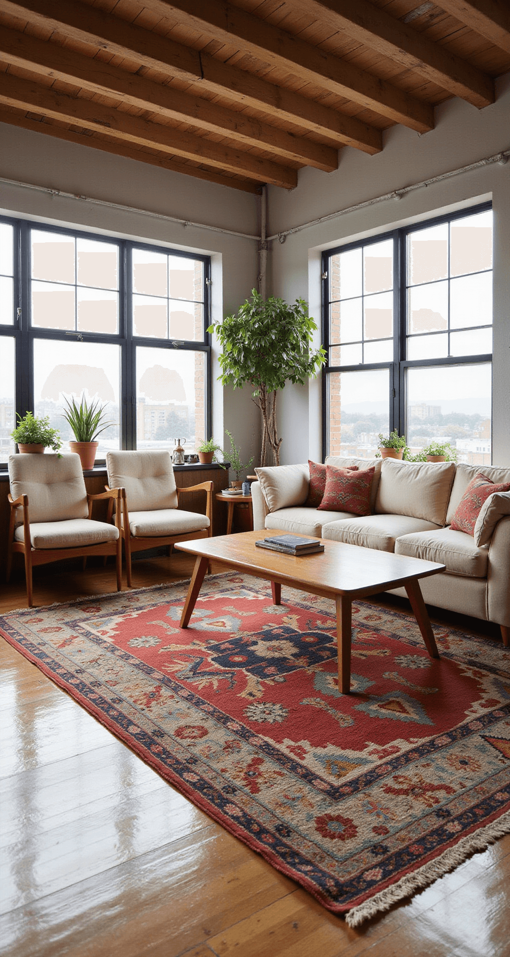 A spacious open-concept room with a vintage kilim rug, Danish modern furniture, and floating shelves featuring global artifacts and plants, bathed in natural light from large industrial windows.