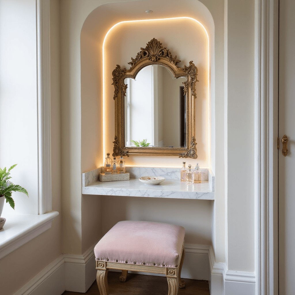 Cozy alcove vanity nook with a marble shelf and ornate gold-framed mirror, bathed in morning sunlight. Features a blush pink velvet stool, crystal perfume bottles, a ceramic jewelry dish, and warm LED strip lighting. Cream walls and soft metallic accents.