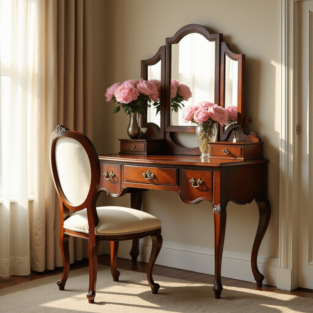 A vintage Queen Anne-style vanity in a master bedroom corner, bathed in golden hour light with pink peonies in a mercury glass vase.