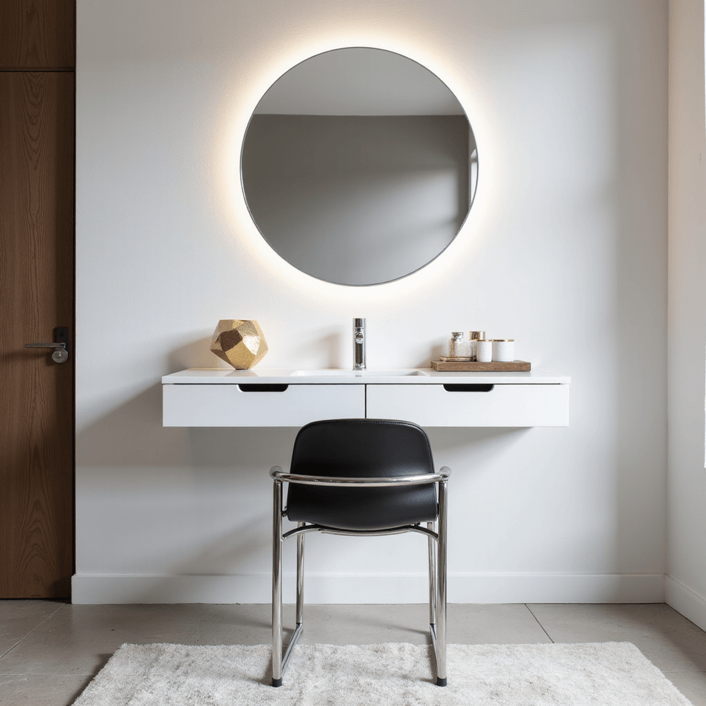 A minimalist vanity space in a bedroom featuring a matte white floating console with hidden drawers, a borderless round mirror with LED lighting, a black leather and chrome chair, and geometric gold accessories, all highlighted by cool natural light.