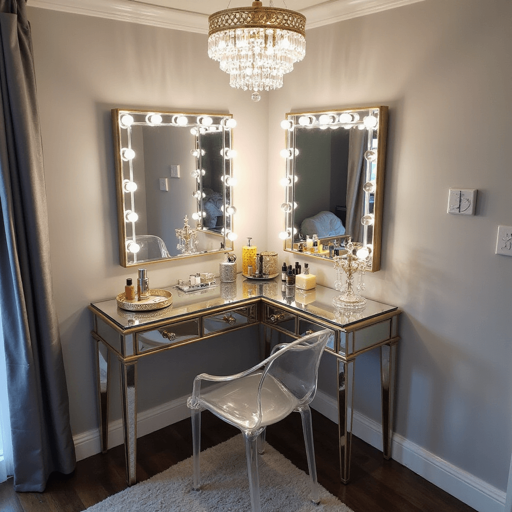 Glamorous vanity setup in a small bedroom corner with a crystal chandelier casting dramatic light, featuring a mirrored vanity with champagne gold trim and LED mirrors, a ghost chair, and elegantly arranged beauty products, set against pale gray walls with silver, gold, and crystal accents.