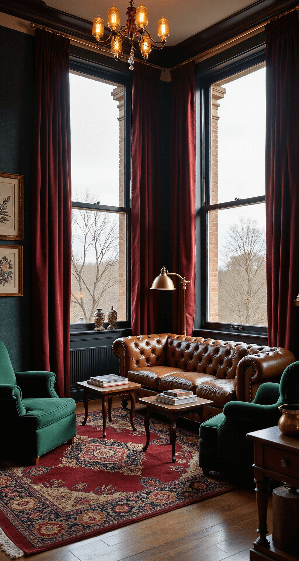 A luxurious Victorian-style living room at golden hour featuring a tobacco brown Chesterfield sofa, forest green wingback chairs, burgundy drapes, and a Persian rug, framed by large windows and accentuated by moody shadows and warm golden light.